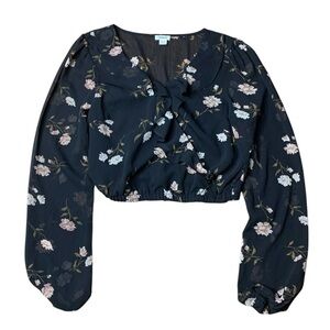 GARAGE Floral Print Chiffon Ruffle V-Neck Cropped Blouse | Black TP/XS
